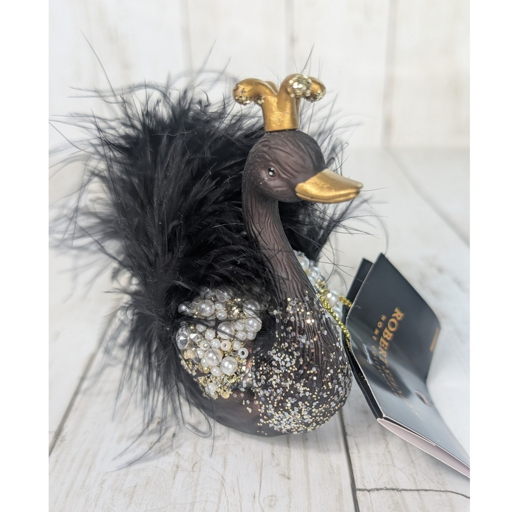 Robert Stanley Black Swan Glass Figurine Ornament Feathers‎ Crown NWT
